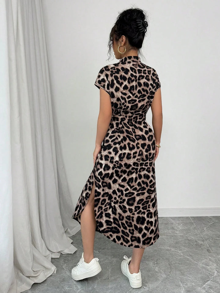 Willow | Midi Shirt Dress with Leopard Print and Belted Waist