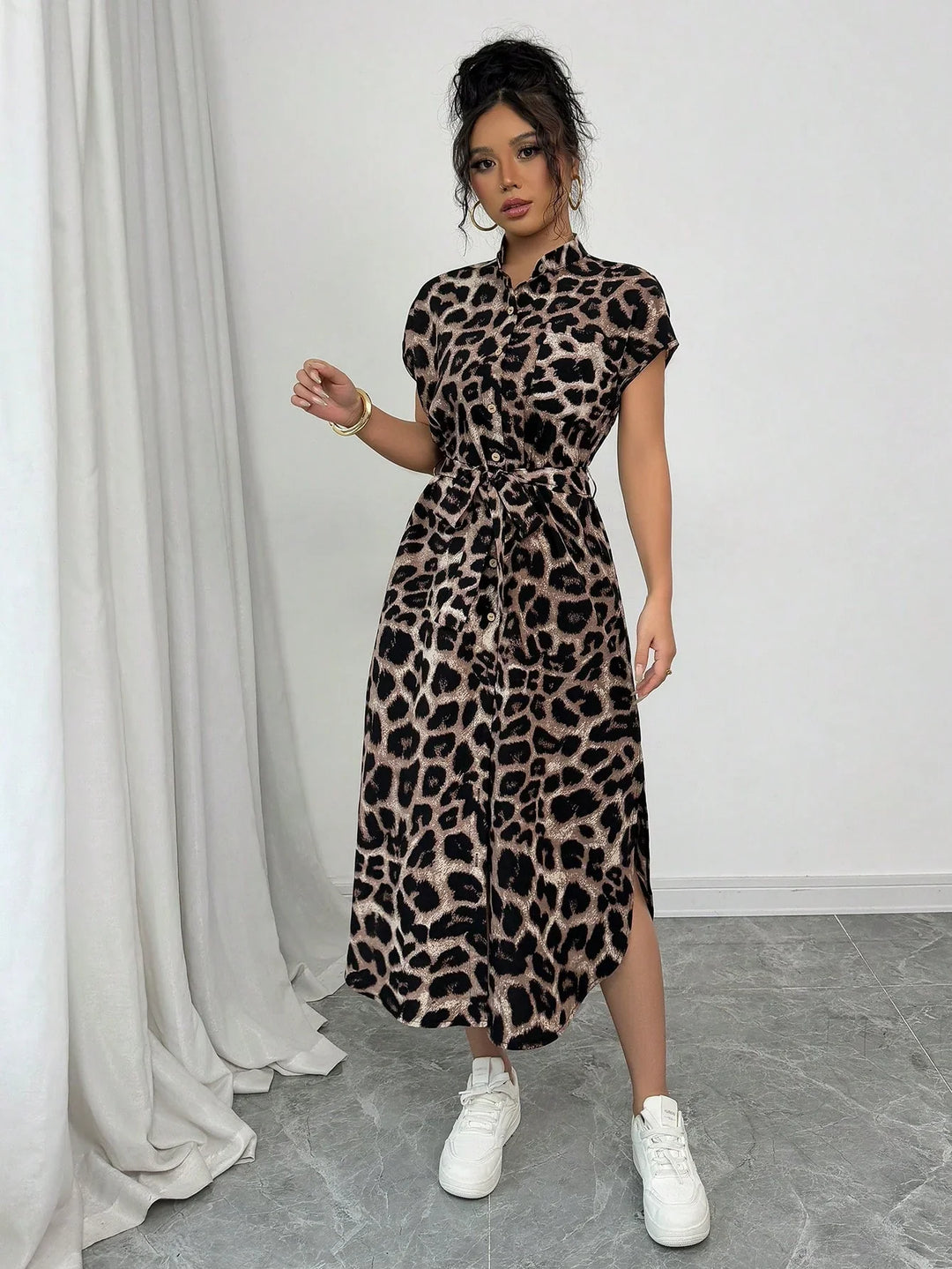 Willow | Midi Shirt Dress with Leopard Print and Belted Waist