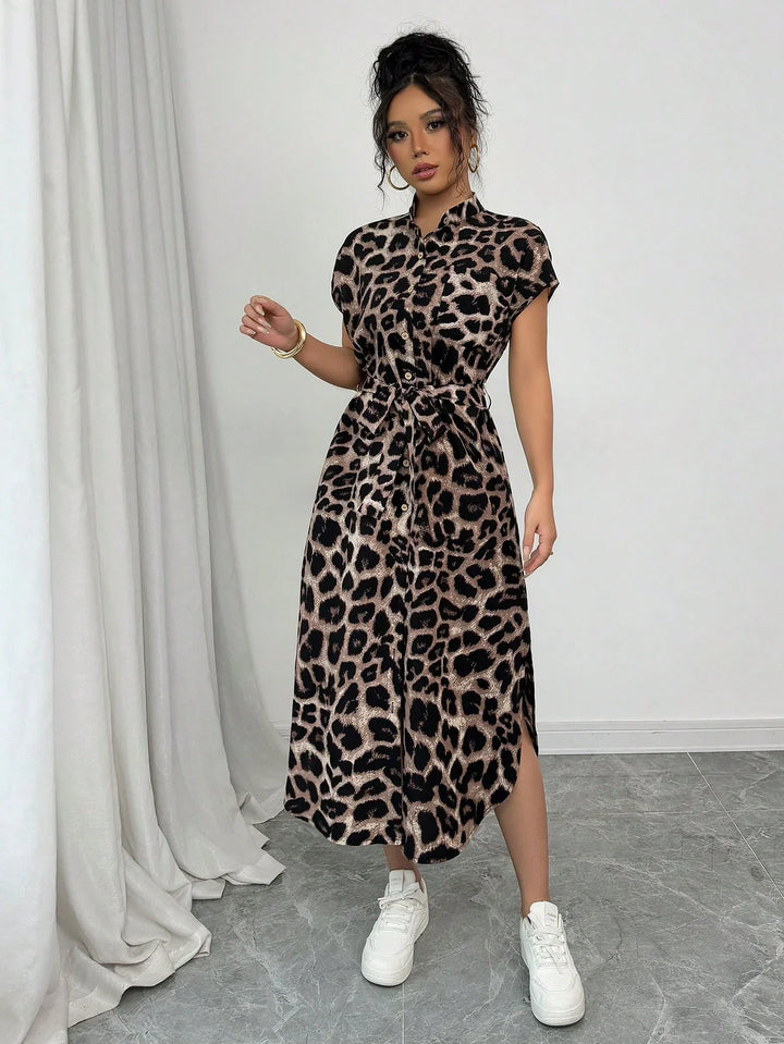 Willow | Midi Shirt Dress with Leopard Print and Belted Waist