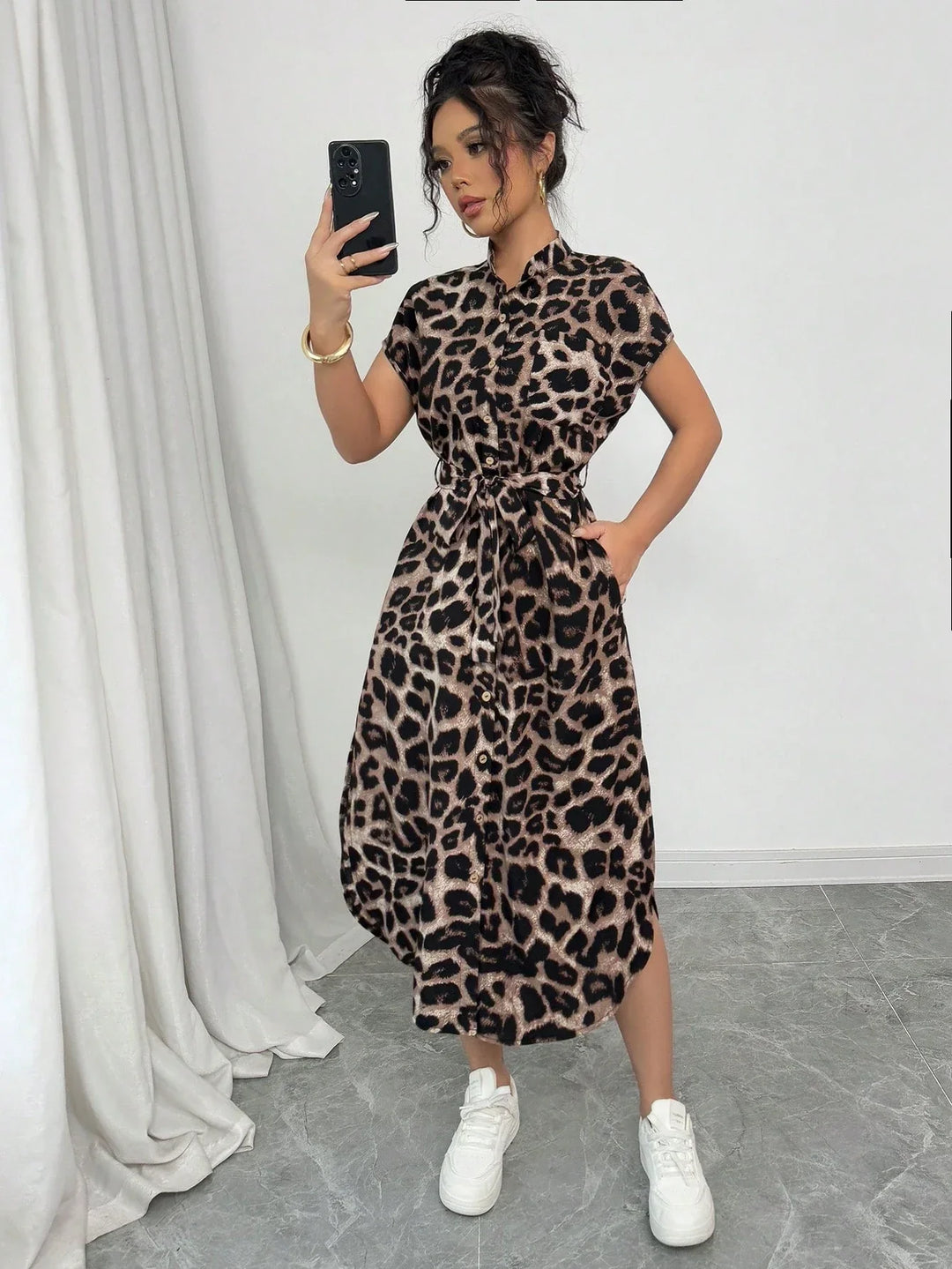 Willow | Midi Shirt Dress with Leopard Print and Belted Waist