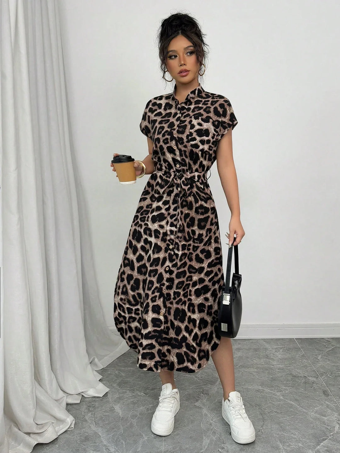 Willow | Midi Shirt Dress with Leopard Print and Belted Waist
