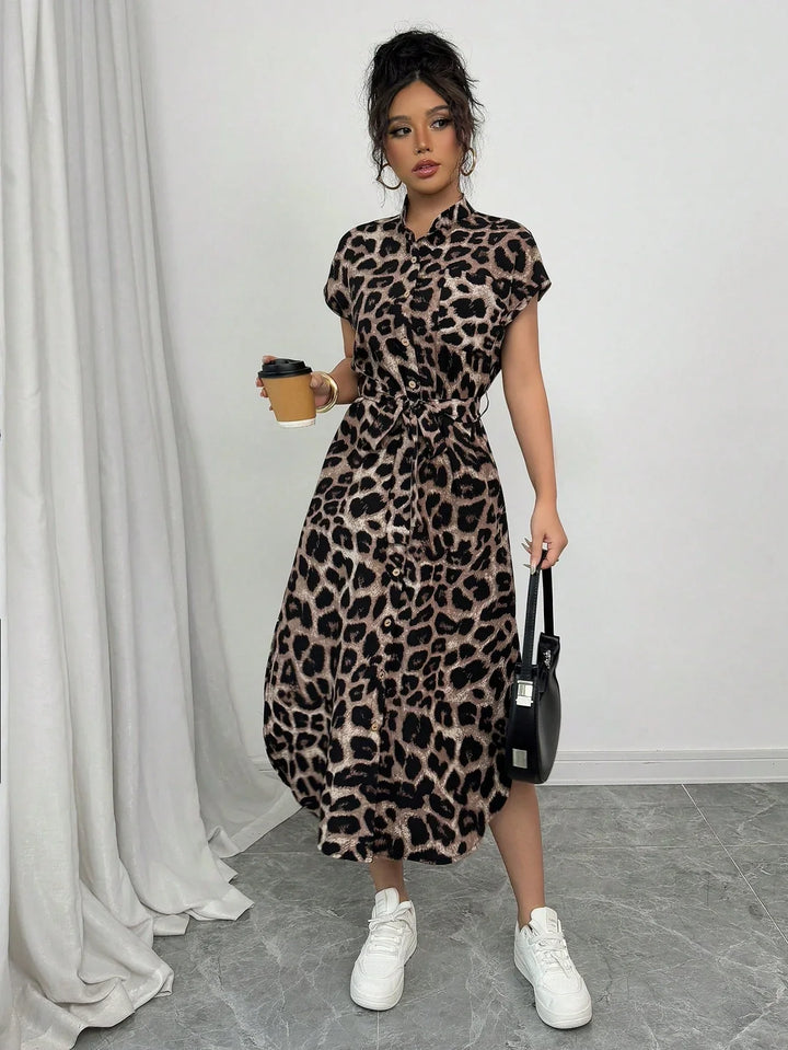 Willow | Midi Shirt Dress with Leopard Print and Belted Waist
