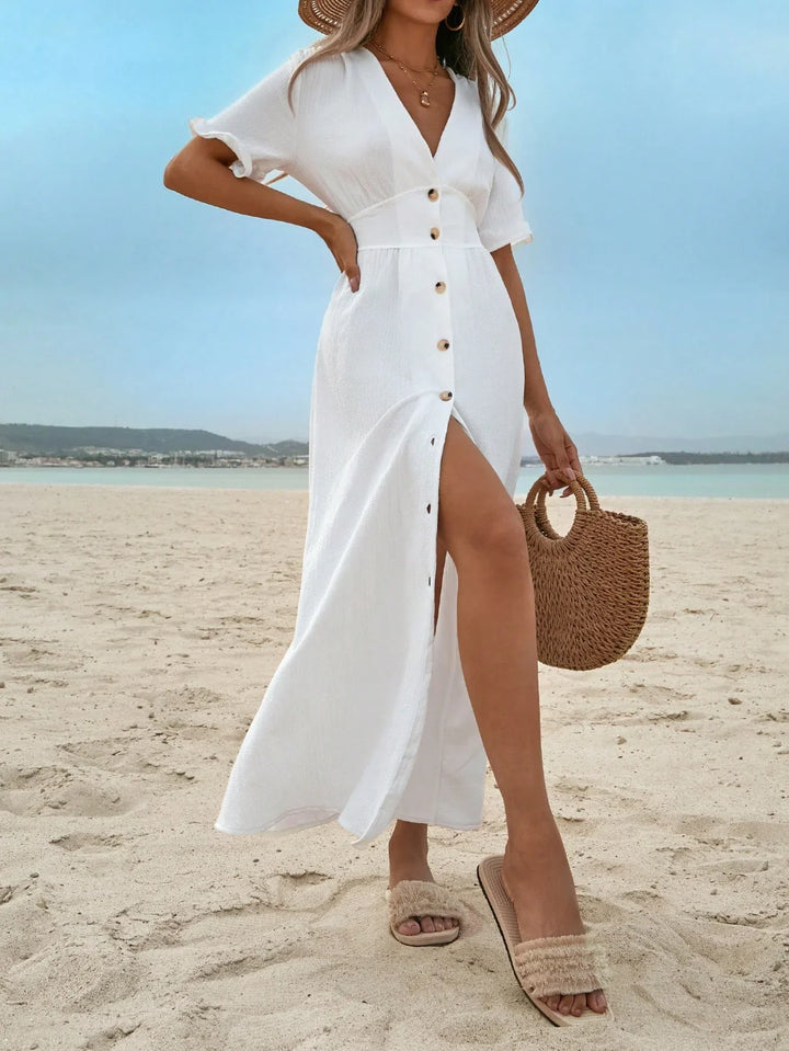 Mary | Maxi Shirt Dress with V-Neck and Side Slit