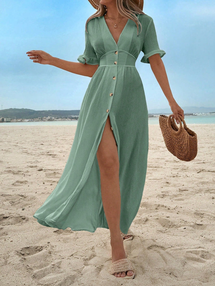 Mary | Maxi Shirt Dress with V-Neck and Side Slit