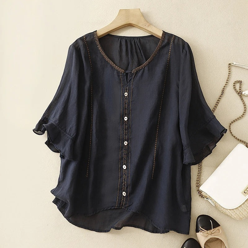Iris | Linen Blouse with Embroidered Trim and Flared Sleeves