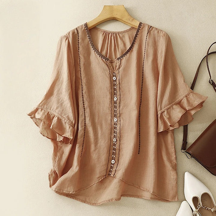 Iris | Linen Blouse with Embroidered Trim and Flared Sleeves