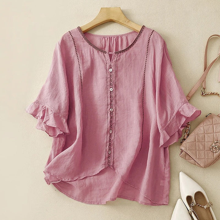 Iris | Linen Blouse with Embroidered Trim and Flared Sleeves