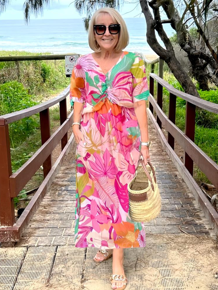 Quinn | Midi Summer Dress with Tropical Print and Twist Front