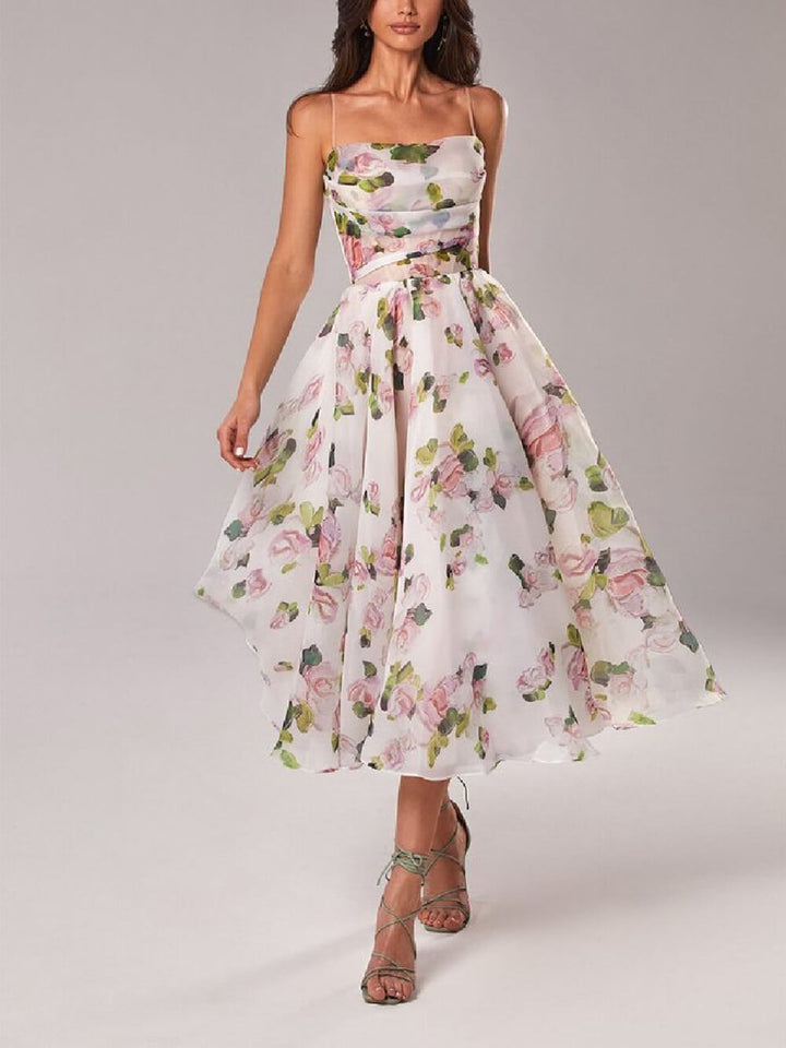Jane | Midi Summer Dress with Floral Print and Square Neck
