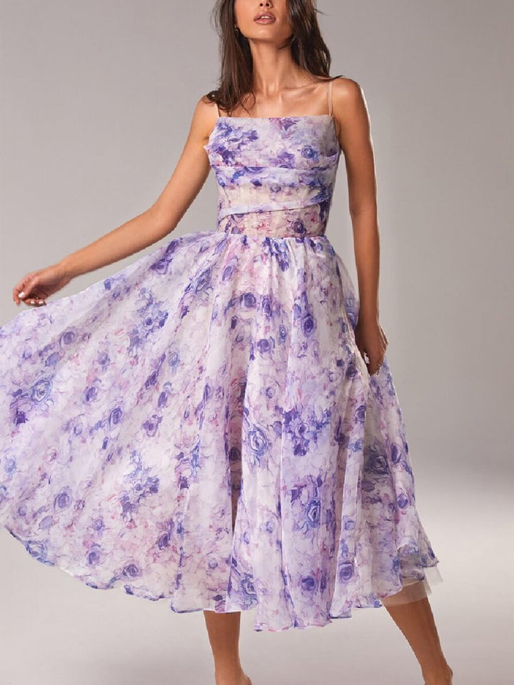 Jane | Midi Summer Dress with Floral Print and Square Neck