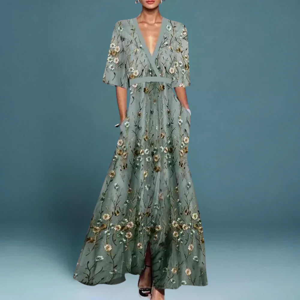 Julia | Maxi Wedding Guest Dress with Floral Print and V-Neck