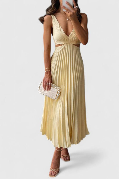 Yasmine | Midi Wedding Guest Dress with V-Neck and Pleated Skirt