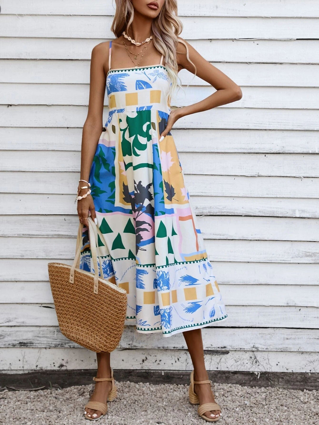 Eve | Midi Summer Dress with Abstract Print and Spaghetti Straps