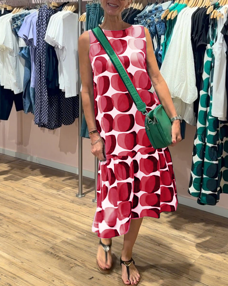 Sue | Midi Polka Dot Dress with Round Neck and Tiered Skirt