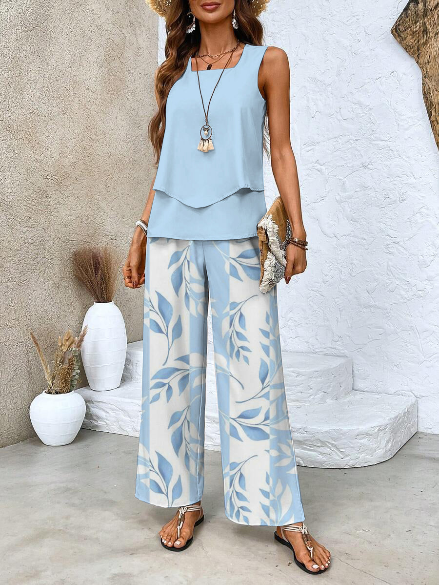 Lena | Two-Piece Wide-Leg Trousers Set with Leaf Print and Layered Top