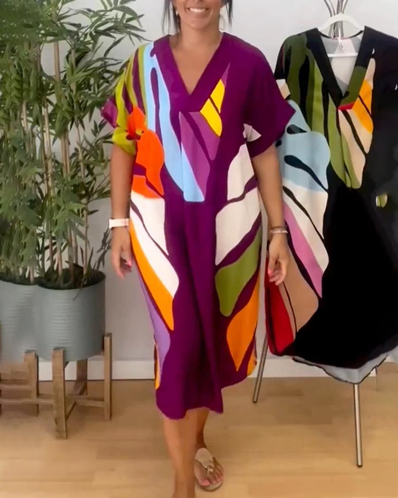 Lisa | Midi Summer Dress with Abstract Print and Batwing Sleeves