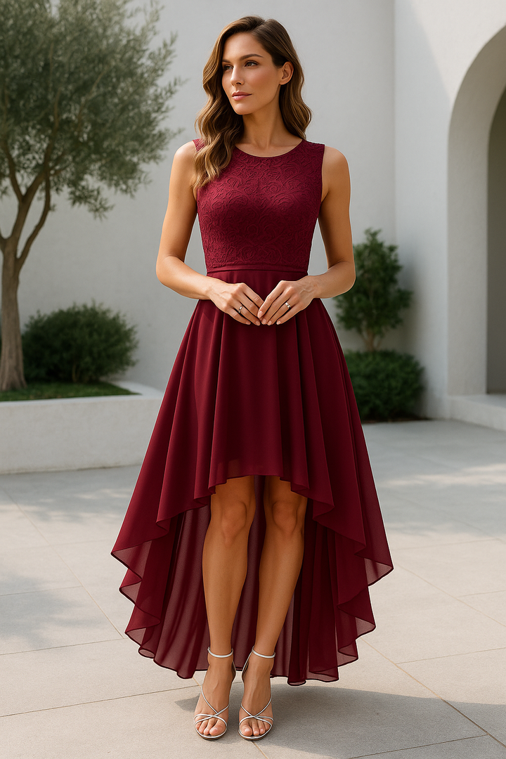 Alexis | Midi Wedding Guest Dress with High-Low Hem and Round Neck