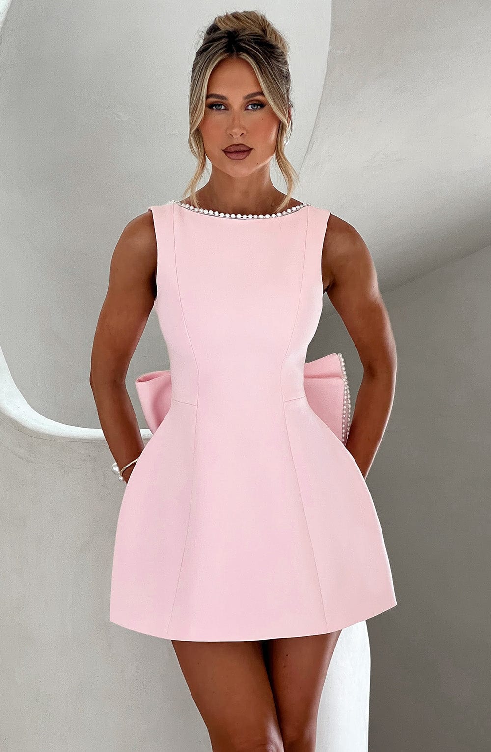 Amber | Mini Wedding Guest Dress with Pearl Trim and A-Line Cut
