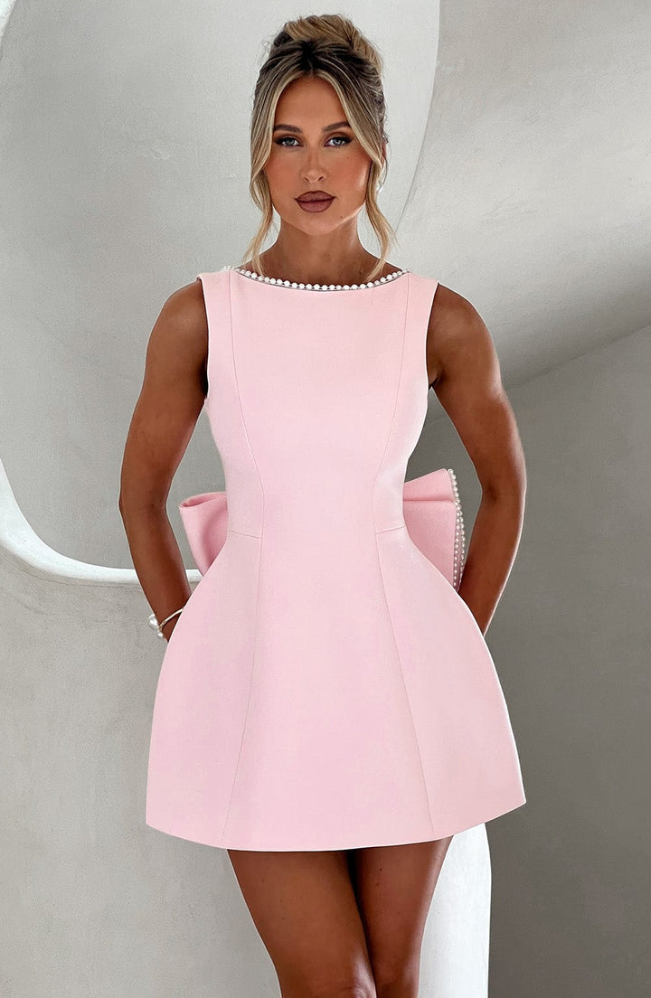 Rita | Mini Wedding Guest Dress with Boat Neck and Bow Back