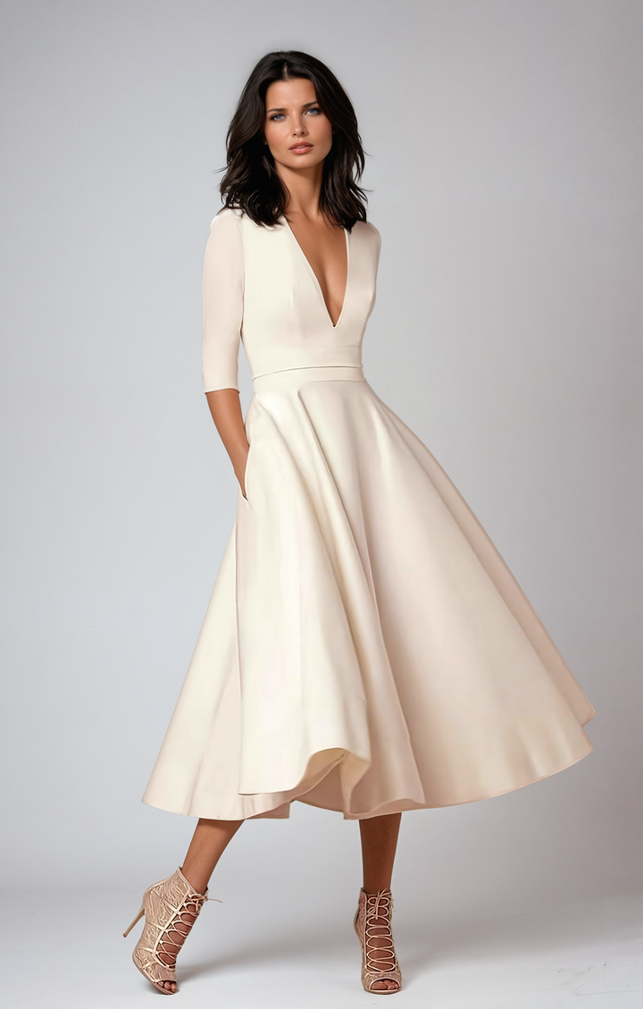 Daisy | Midi Wedding Guest Dress with Plunge V-Neck and Flared Skirt