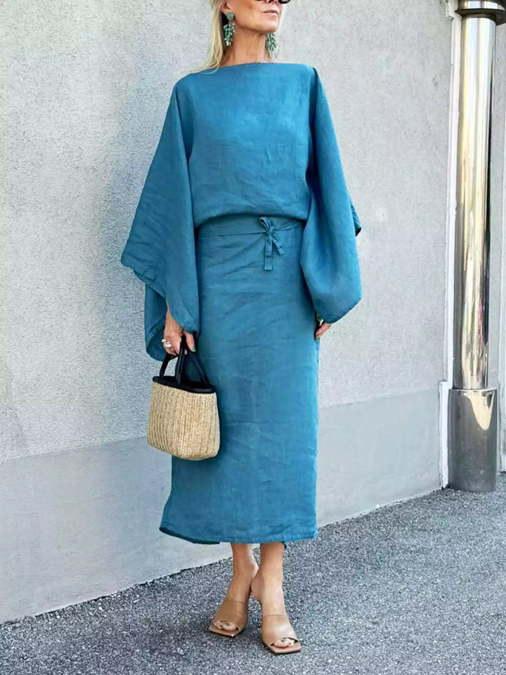 Gianna | Midi Cocktail Dress with Kimono Sleeves and Belted Waist