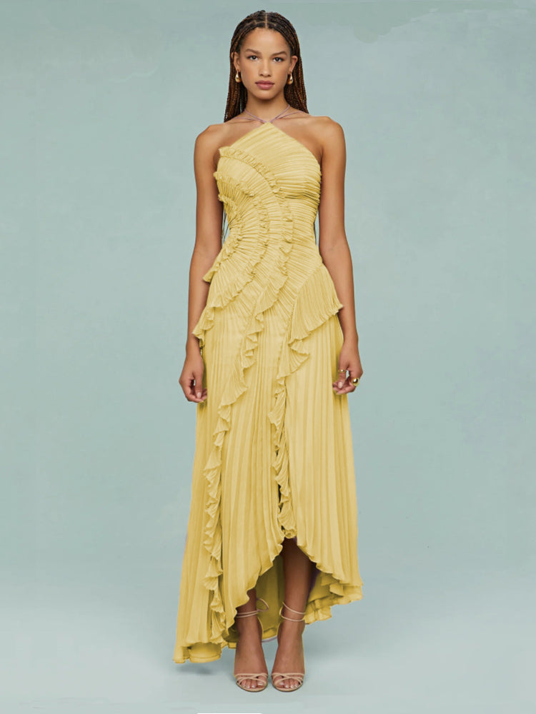 Avery | Maxi Wedding Guest Dress with Halter Neck and Pleated Skirt