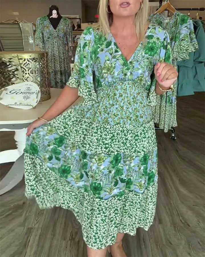 Sandra | Midi Summer Dress with Floral Print and V-Neck