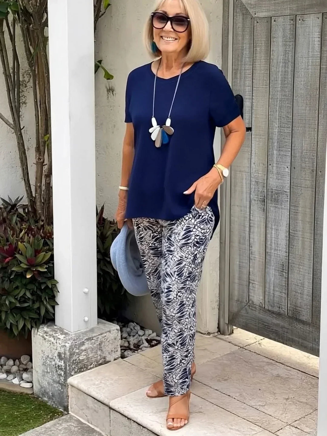 Vera | Matching Set with Abstract Print Trousers and Short Sleeve Top