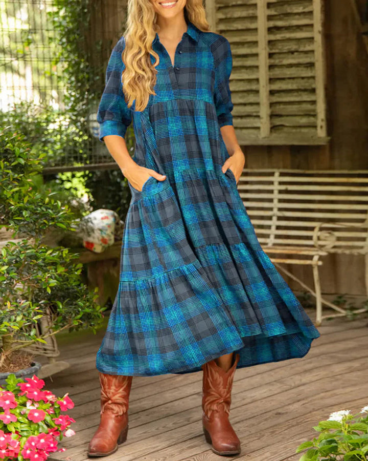 Nica | Midi Shirt Dress with Plaid Print and Tiered Skirt