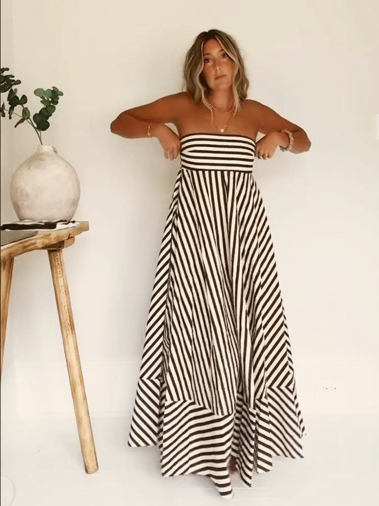 Yasmine | Maxi Summer Dress with Strapless Bodice and Striped Print
