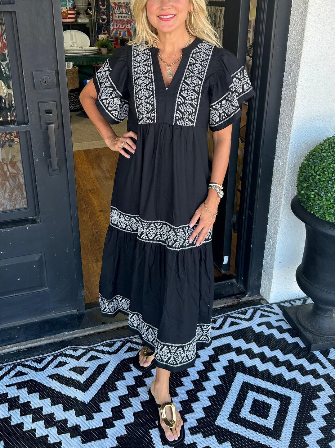 Kylie | Midi Summer Dress with Embroidered Detail and V-Neck