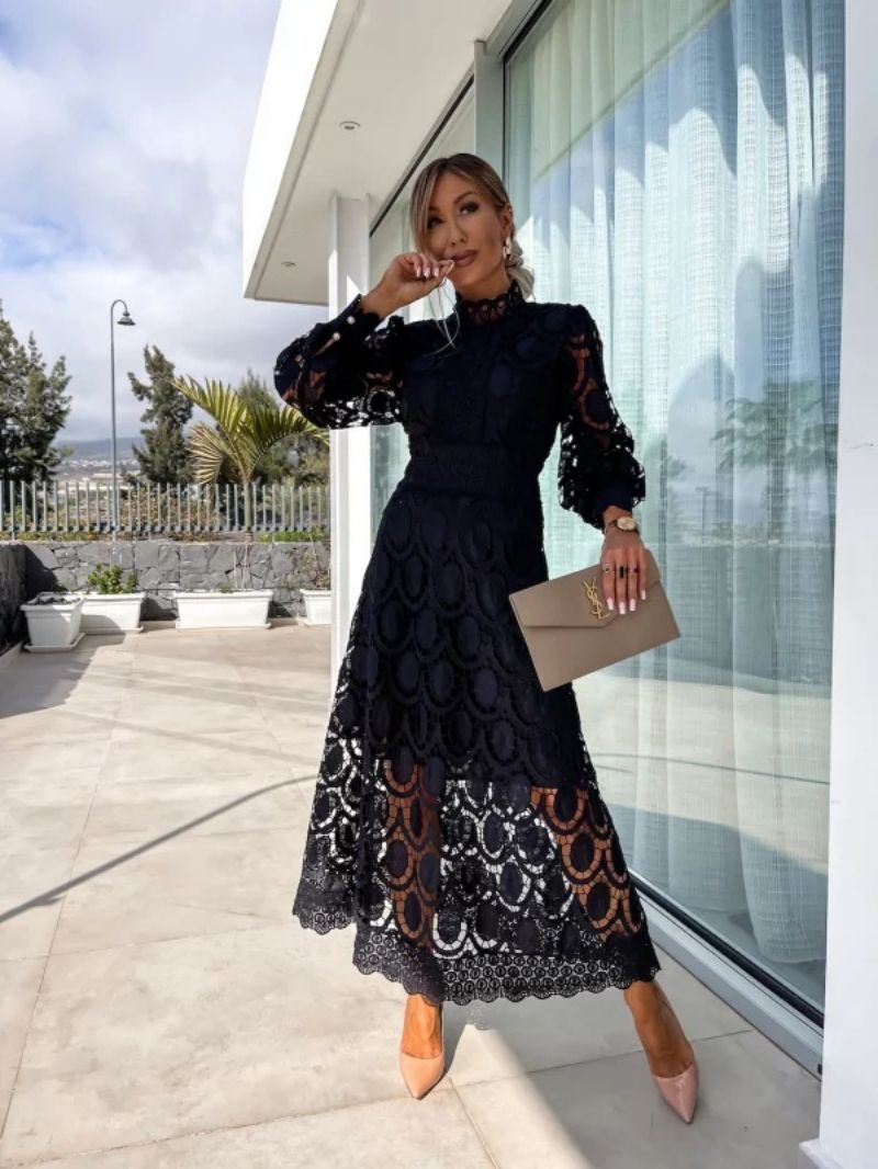 Olivia | Midi Wedding Guest Dress with High Neck and Long Sleeves