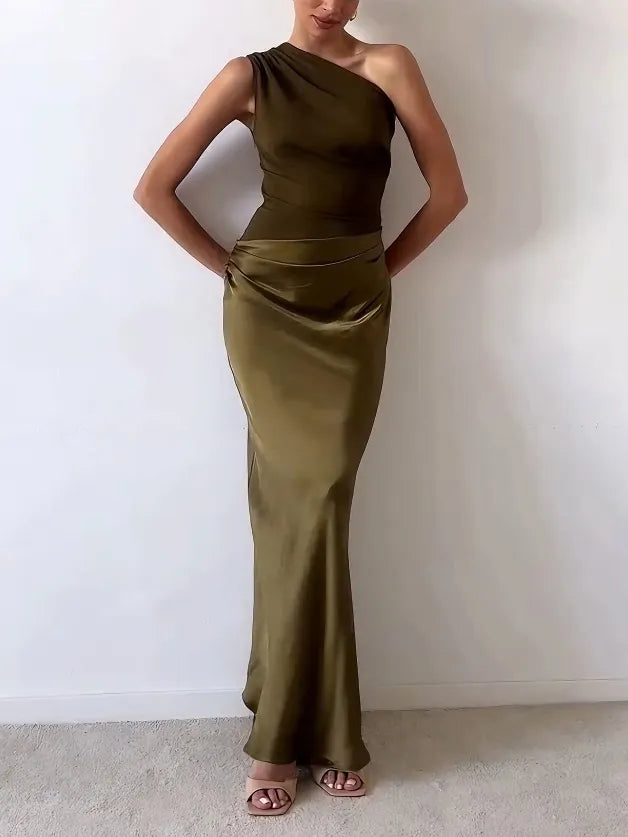 Anita | Maxi Wedding Guest Dress with One Shoulder and Pleated Skirt