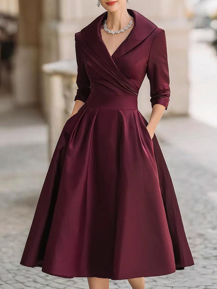 Reece | Midi Cocktail Dress with Collared Neck and Long Sleeves