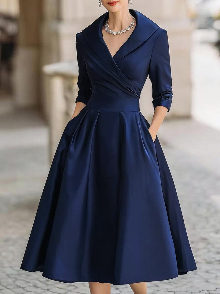 Reece | Midi Cocktail Dress with Collared Neck and Long Sleeves