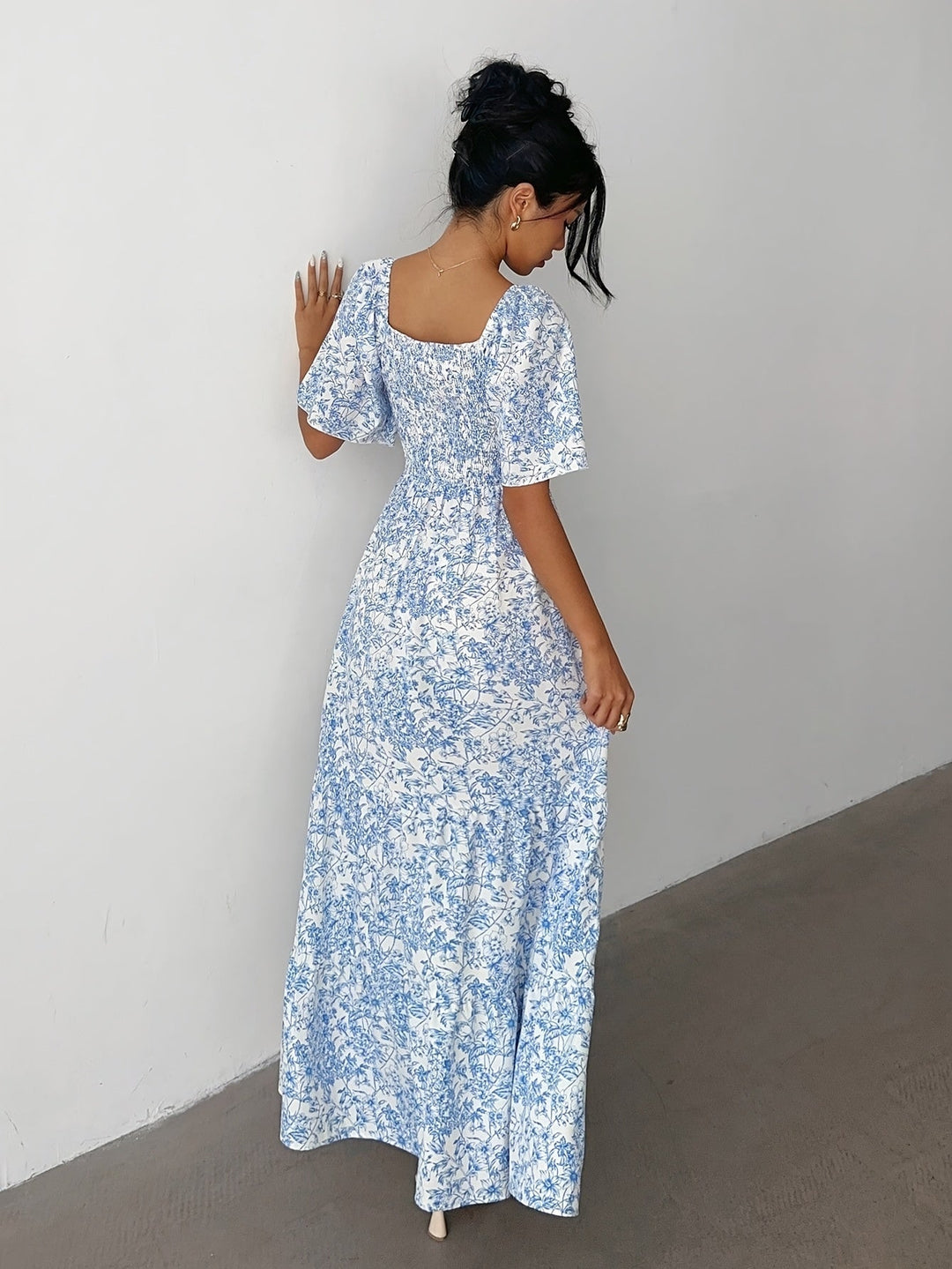 Carol | Maxi Wedding Guest Dress with Floral Print and Short Sleeves