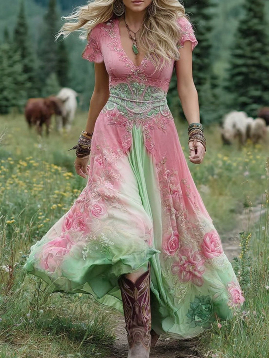 Audrey | Boho Floral Maxi Dress Printed