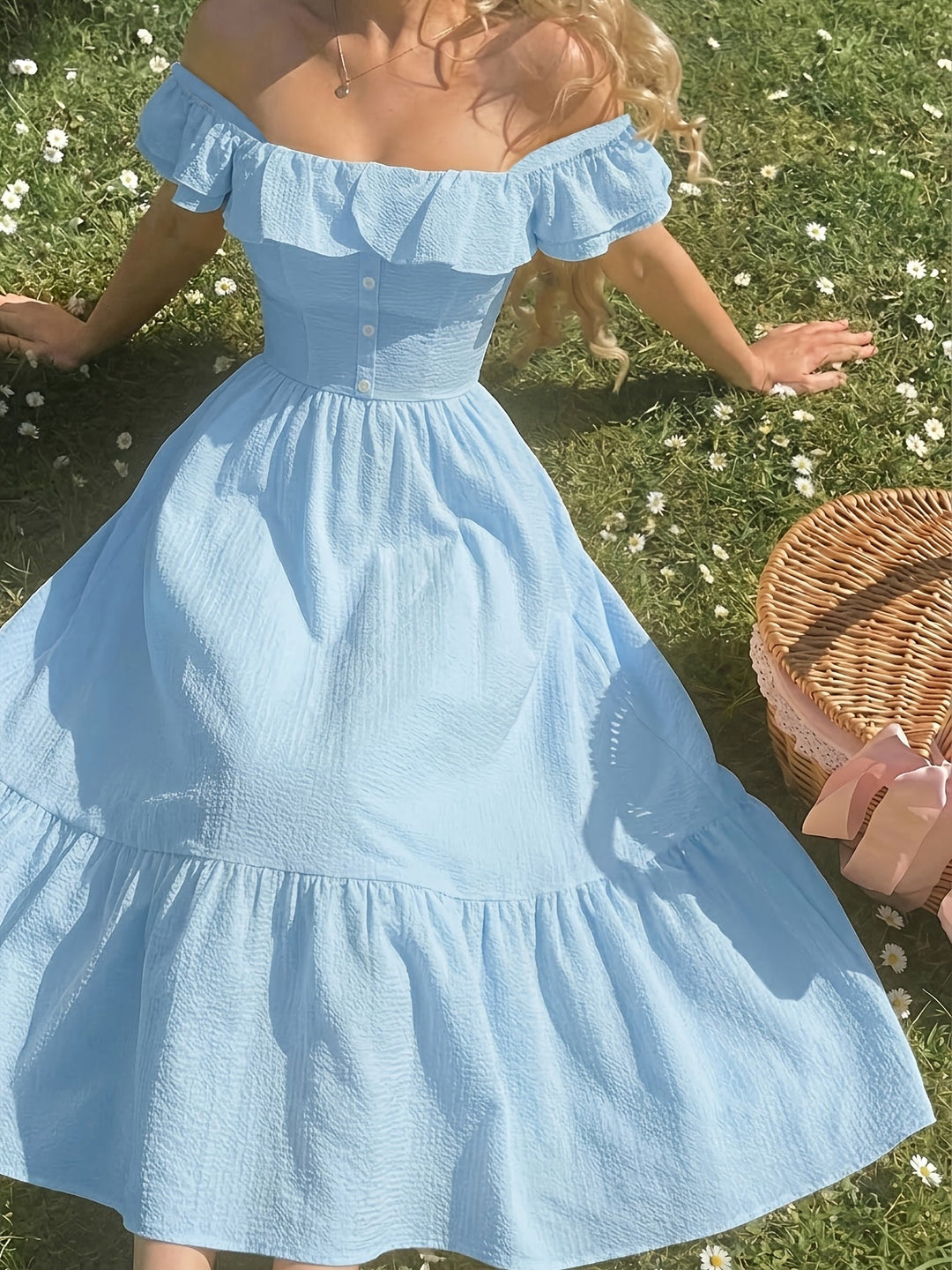 Karen | Midi Summer Dress with Square Neck and Ruffle Sleeves