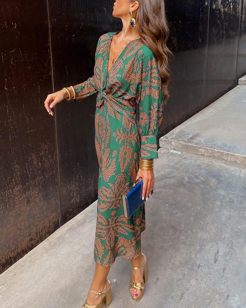 Violet | Midi Wedding Guest Dress with V-Neck Wrap and Boho Print