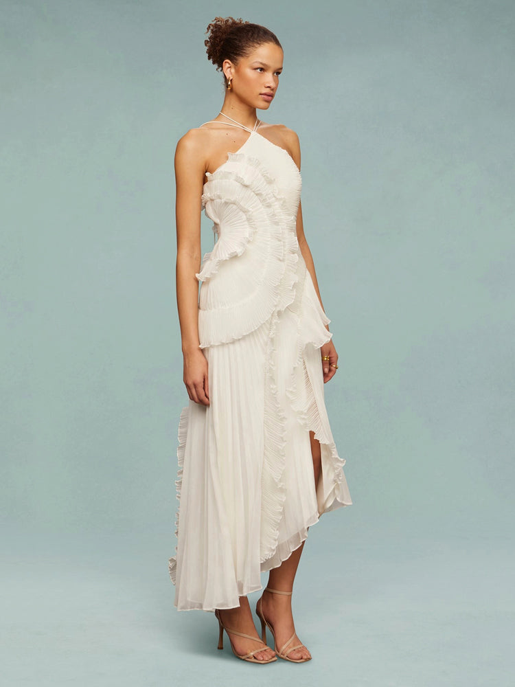 Avery | Maxi Wedding Guest Dress with Halter Neck and Pleated Skirt