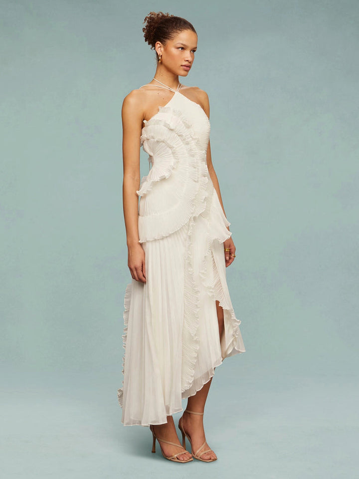 Avery | Maxi Wedding Guest Dress with Halter Neck and Pleated Skirt