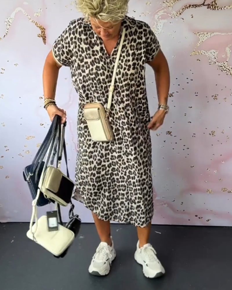 Lenny | Midi Summer Dress with Leopard Print and V-Neck