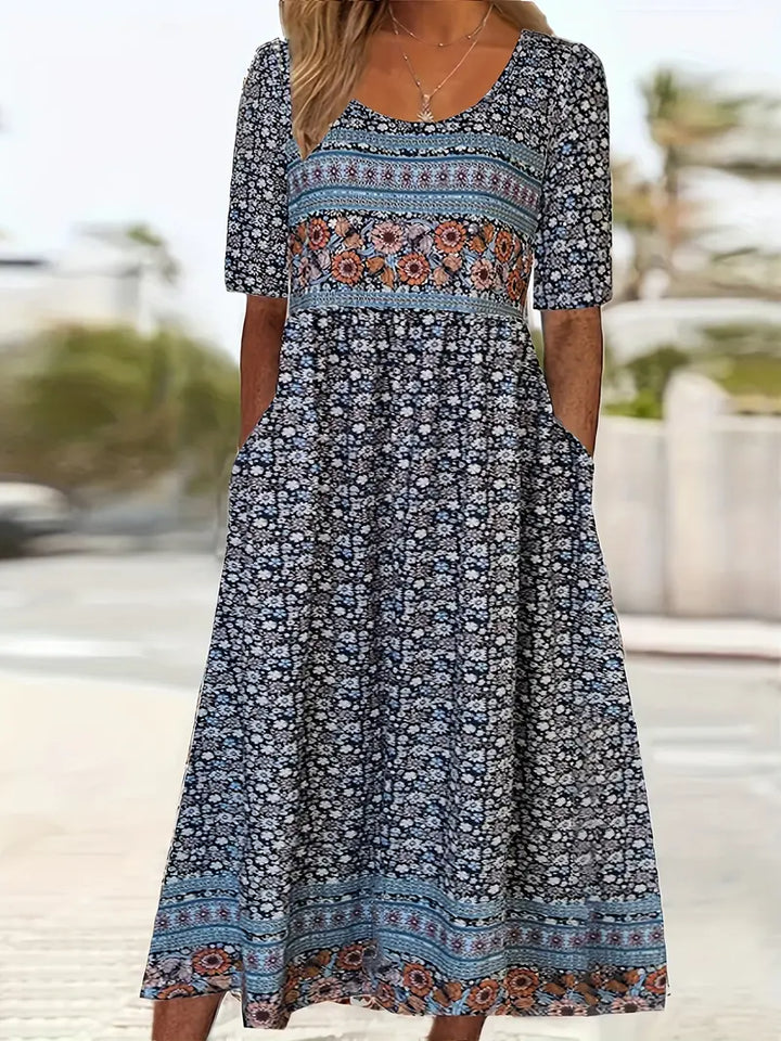 Jessica | Midi Summer Dress with Boho Print and Smocked Bodice