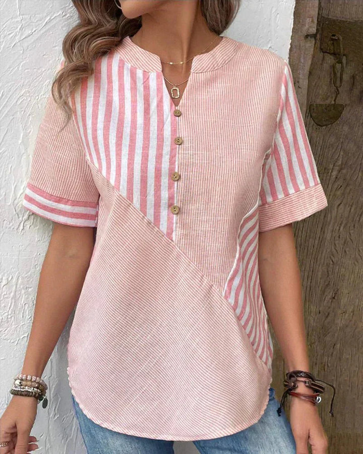 Polly | Striped Top with V Neckline and Button Detail