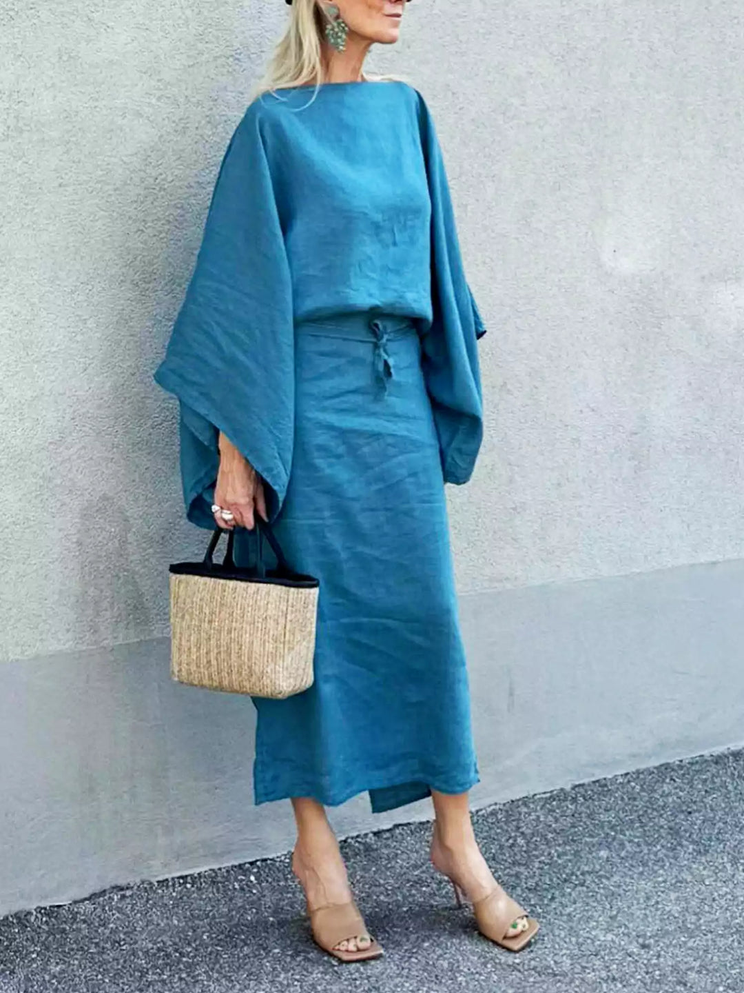 Gianna | Midi Cocktail Dress with Kimono Sleeves and Belted Waist