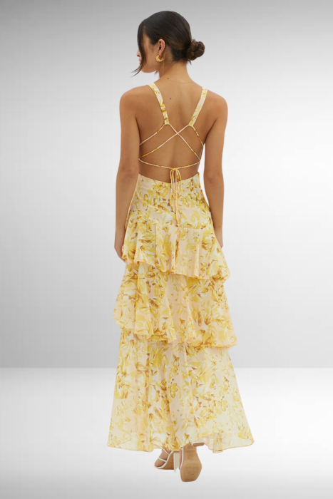 Maria | Maxi Wedding Guest Dress with Floral Print and Tiered Skirt