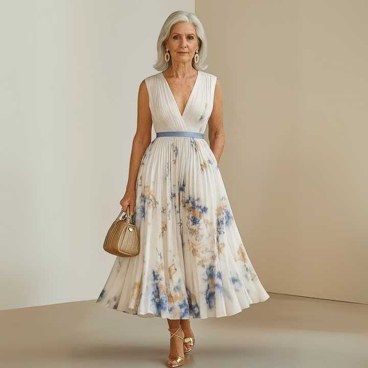 Nora | Maxi Wedding Guest Dress with Floral Print and Pleated Skirt