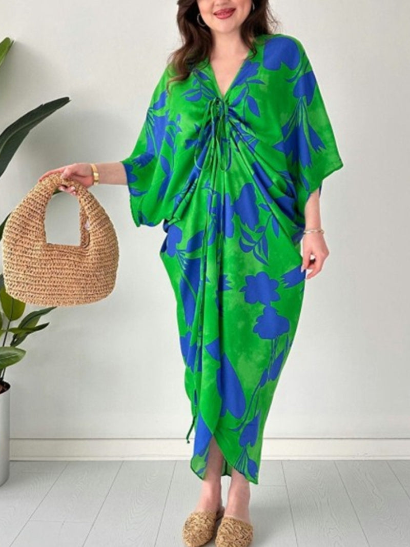 Beth | Maxi Holiday Dress with Floral Print and Batwing Sleeves