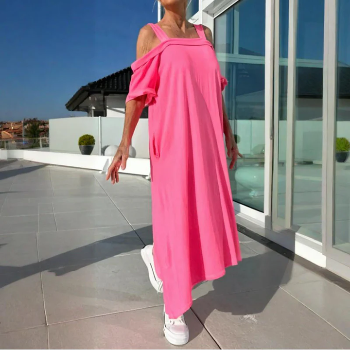 Rose | Midi Summer Dress with Cold Shoulder and Strappy Detail