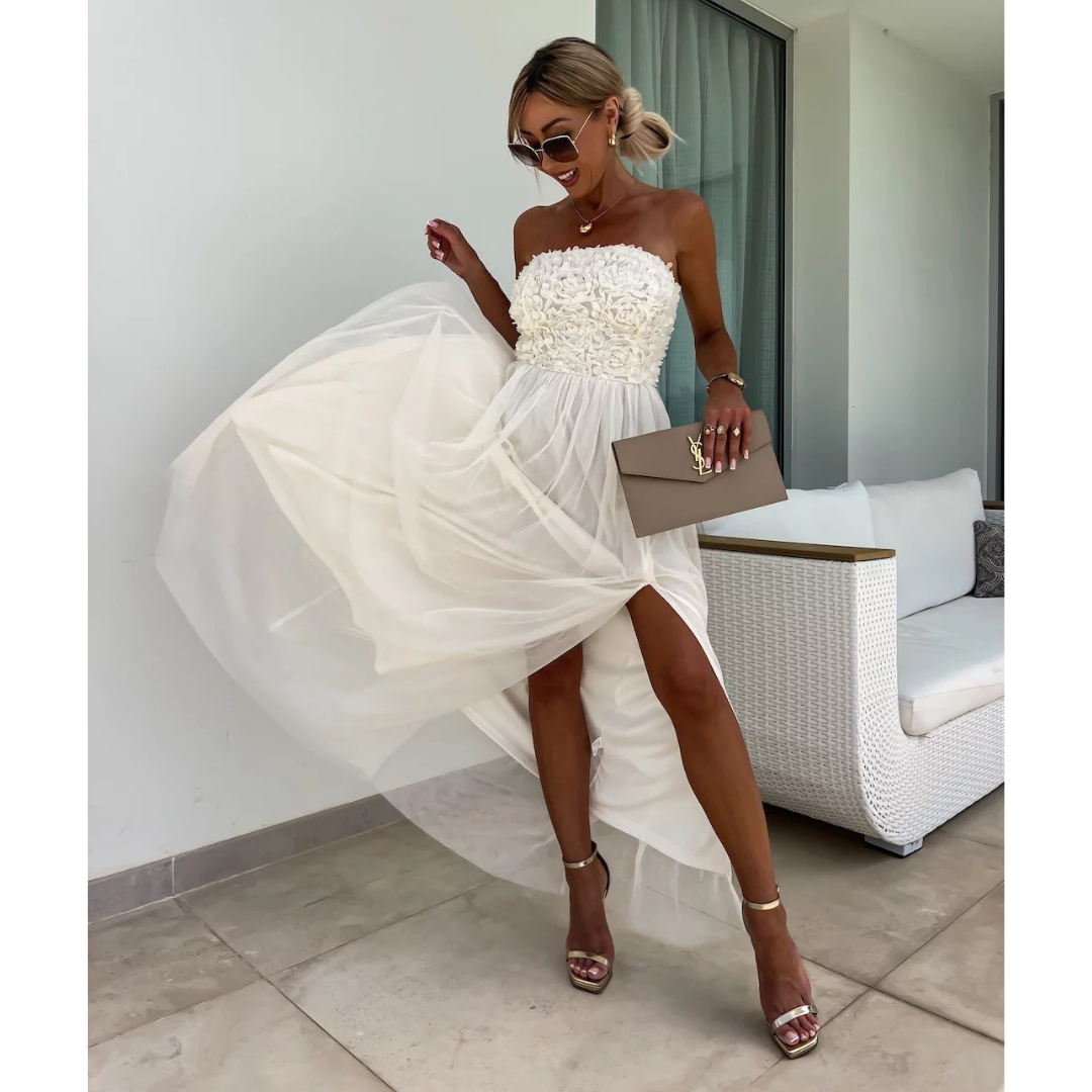Olivia | Maxi Wedding Guest Dress with Strapless Bodice and Sequin Detail